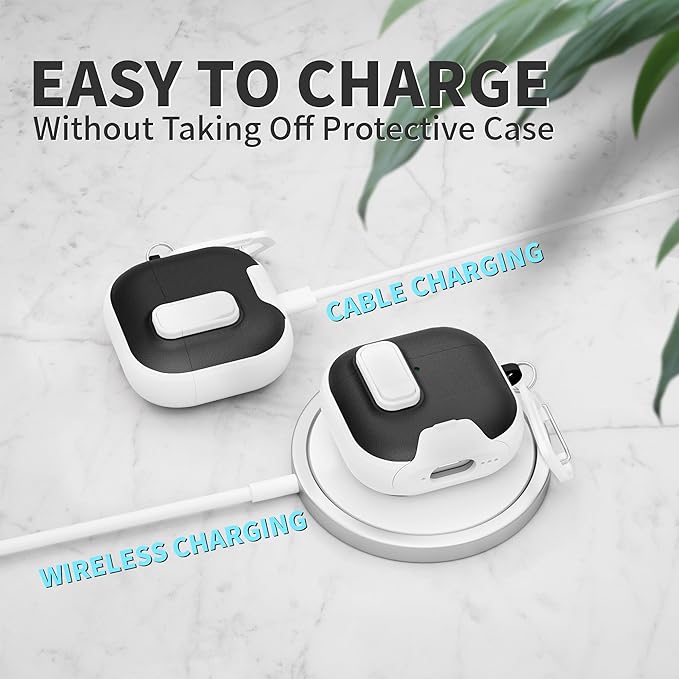 for AirPods 4 Case with Lock,TPU Leather Texture Protective Durability Anti-Lost & Shockproof Protective Cover Accessories with Cleaning Kit in Keychain for Apple AirPods 4 Generation (White/Black)