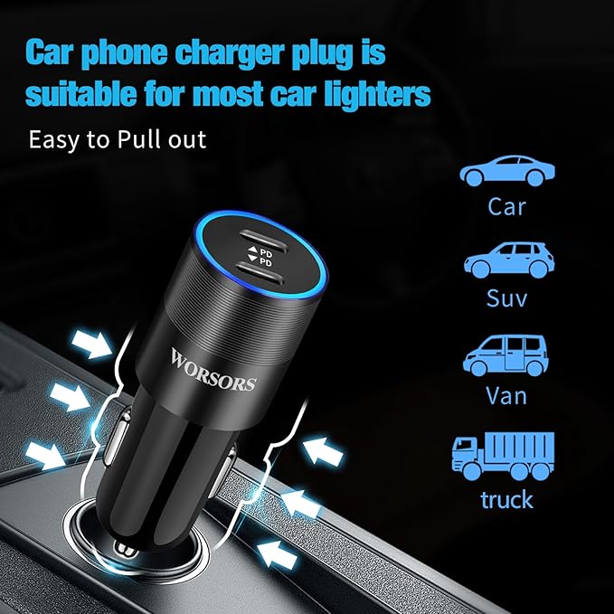60W Fast USB C Car Charger, Dual 30W PD 3.0 Charging Port Cigarette Lighter Adapter for iPhone 17 Pro Max 16 15, iPad, Google Pixel 10 9, Samsung Galaxy S26 S25, Android Phone with 3.3ft Type C Cable