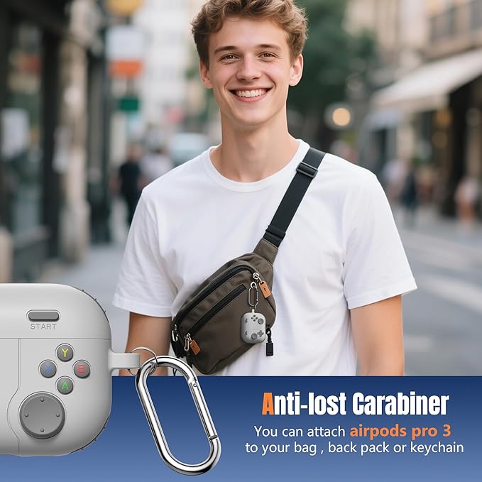 Getino Game Case for AirPods Pro 3 Case 2025, Shockproof Silicone Cover for Apple AirPods Pro 3 – with Cleaner Kit & Keychain, Classic Funny Durable Protective Case for Men Boy–Light Gray