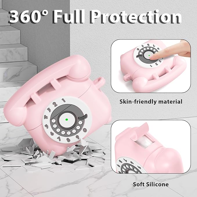 KOREDA for AirPods Pro 2nd/1st Generation Case Cover with Cleaner Kit & Lanyard, Cute Funny Telephone Design Silicone Protective Case for AirPods Pro 2 - Pink