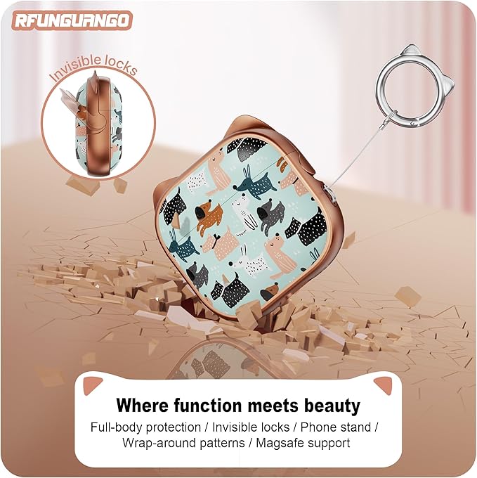 RFUNGUANGO AirPods 4 Case for Women Girly Cat Case with Lock, Phone Stand, Keychain & Cleaner Kit, Compatible with Apple Airpods 4th Generation Case Cover, Rose Gold Dog
