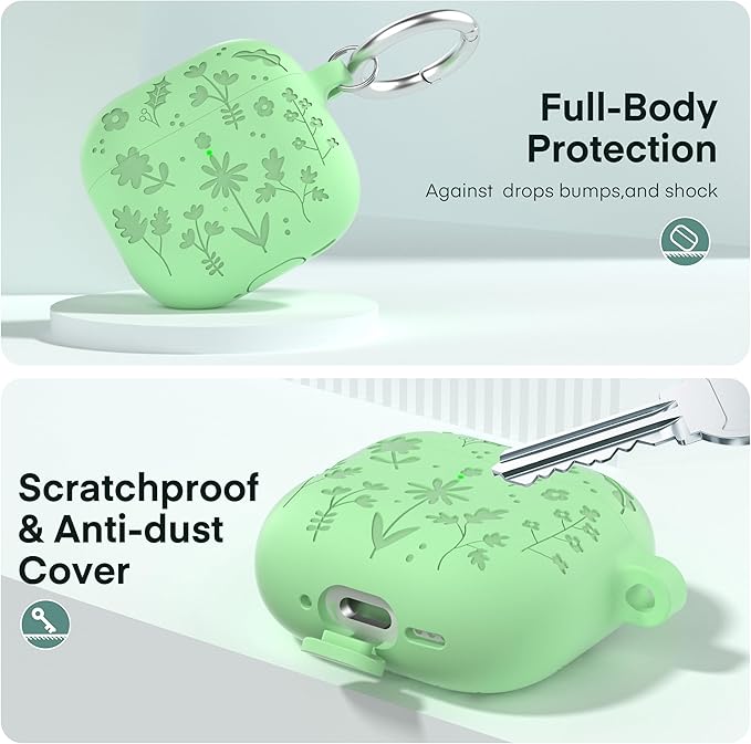 Maxjoy for AirPods 4 Case, Engraved Silicone Cute AirPod 4 Case for Women Men Protective iPod 4 Cover with Keychain Cleaning Kit for AirPod 4th Generation Cover 2024, Matcha