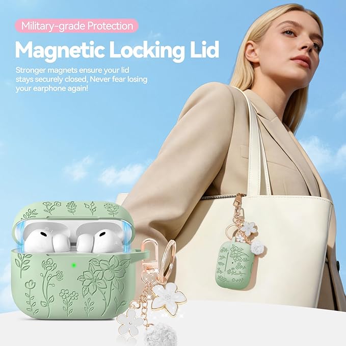 for Airpods Pro 3 Case with Magnetic Lid, Flower Engraved Case Cover Compatible with AirPods Pro 3rd Generation 2025, Soft Silicone Cases with Keychain & Cleaner for Women Girly, Shockproof