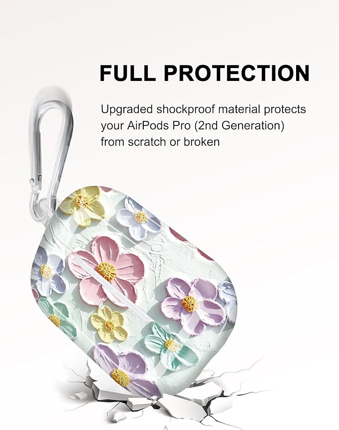 JIAXIUFEN Design for AirPods Pro 2 Gen 1 Gen Case Cover Retro Oil Painting Printed Flower Protective TPU Skin Accessories for Women Girl with Keychain, Mint Colorful