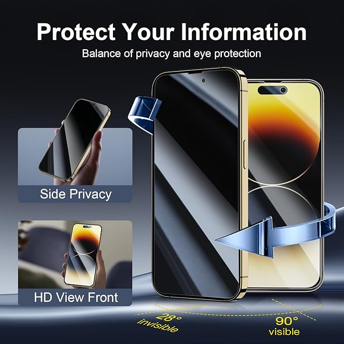 NEW'C 3x Privacy for iPhone 14 Pro Max Screen Protector (6.7 inches)+ 3x Camera Lens Protector, Sensor Protection, Tempered Glass Film + Dust Plug - Enhanced Privacy Angle of 28 Degrees