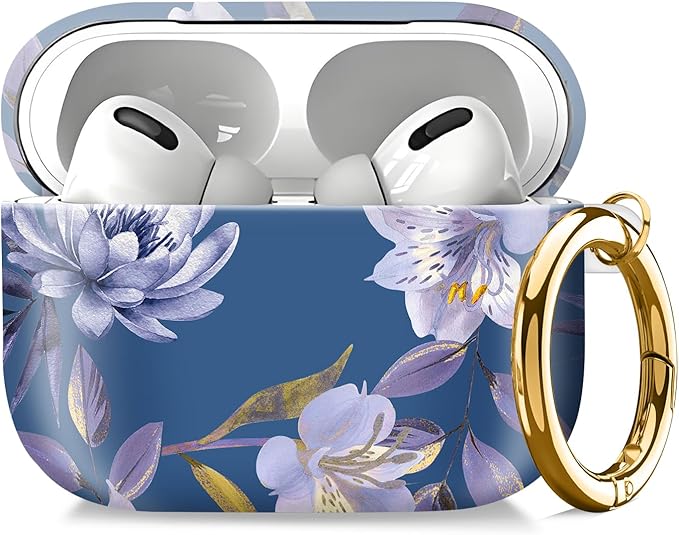 Compatible with AirPod Pro 2nd//1st Generation Case Cover with Key Chain,Full Protective Shockproof Wireless Headphone Case for Airpod Pro 2023/2022/2019（Purple Flowers）
