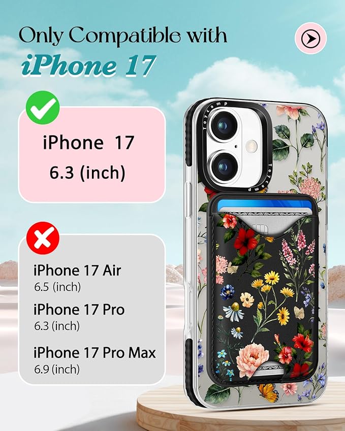 Toycamp for iPhone 17 Case - Compatible with Magsafe Credit Card Holder Wallet Magnetic Cute Women Teen Girls Kawaii Girly Unique Flower Floral Design Phone Cover for Apple 17 Air