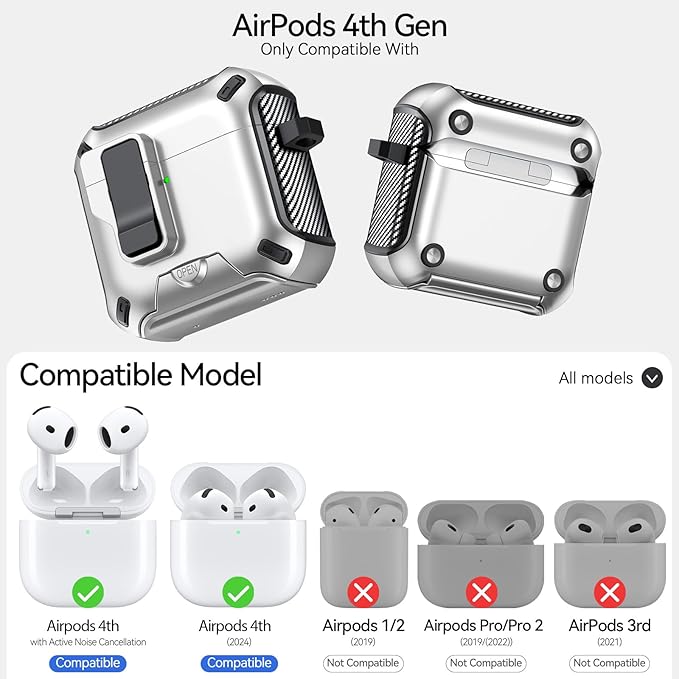 for AirPods 4 Case (2024) with Phone Stand,（with Automatic Snap Switch） Carbon Fiber Design Protection Cover with Cleaning Pen,Silver