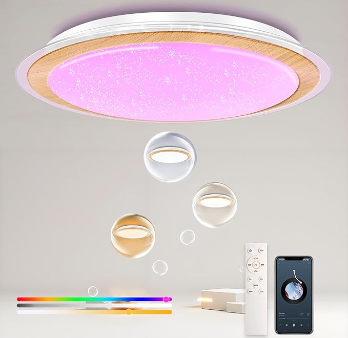 WF-Version LED Ceiling Light with Speaker 50W 17Inch Control via app/Voice/Remote Adjustable Brightness & Color Temperature Ceiling Lamp RGB Ambient Lighting for Bedroom Kids Room and More