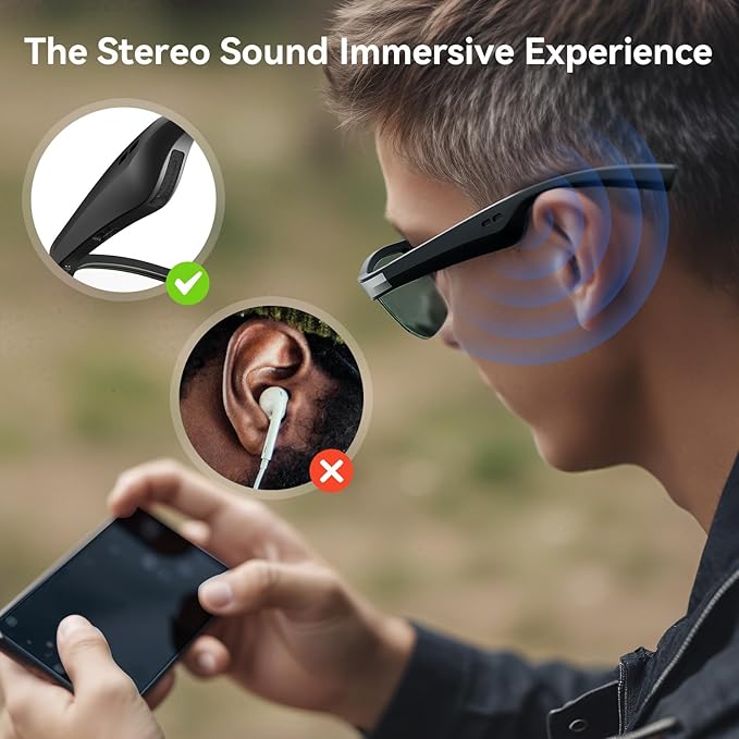 Smart Glasses,Bluetooth Sunglasses with Open Ear Speaker, Voice Assistant, Sports/Outdoor UV Protection