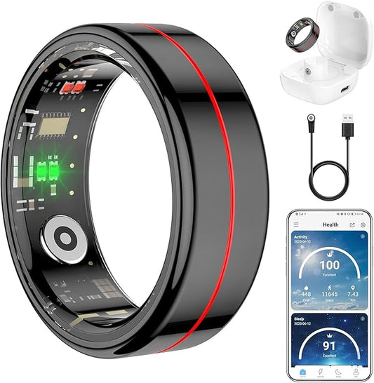 Fit Ring for Women Men, Ring Health Tracker with Heart Rate,Blood Oxygen,Heart Rate Variability, Stress, Sleep Monitor, Step Counter, Smart Ring for iPhone & Android, No Subscription Fee (Black, 13#)