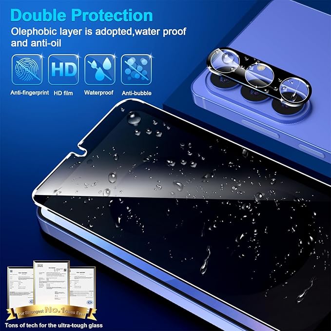 3 Pack Privacy Screen Protector for Samsung Galaxy S26 Tempered Glass + 2 Pack Camera Lens Protector, True 25°Anti Spy, 9H+ Hardness, Fingerprint Unlock, Case Friendly Bubble-Free 6.9 Inch