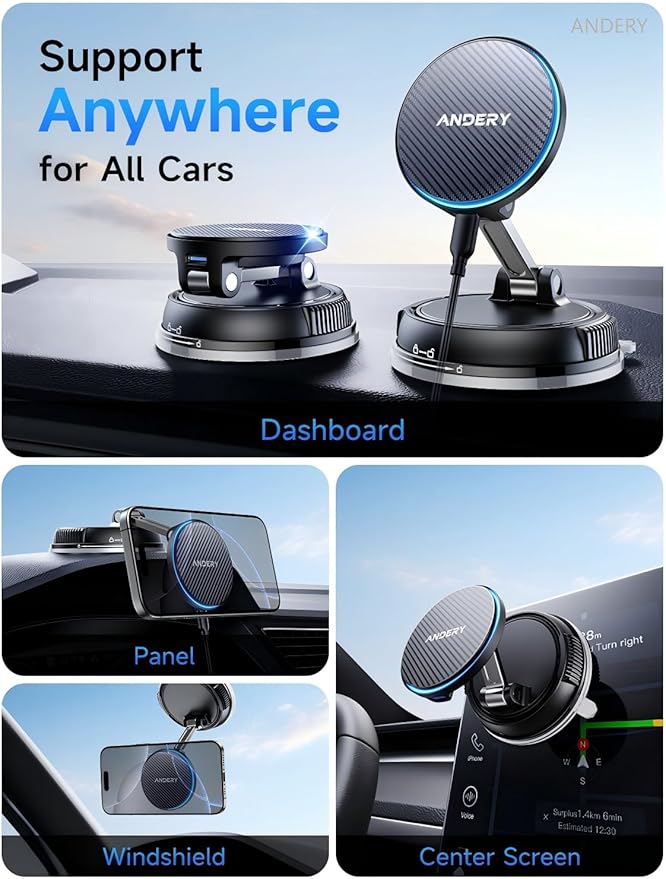 ANDERY Only for iPhone Magsafe Car Mount Charger [15W Wireless Faster Charging, 78+LBS Strongest Suction, 2400gf Strongest Magnetic] 360° Adjustable, Phone Holders for Your Car Accessories Kits