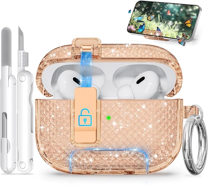 for AirPods Pro 2 Case with Phone Stand & Secure Lock, Auto-Open Clear Cover Compatible with Apple AirPods Pro 2nd/1st Gen (2023,2022,2019) with Cleaning Kit & Keychain (Shine-Clear Brown)