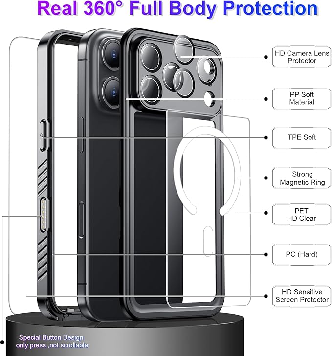Temdan Magnetic Compatible with iPhone 17 Pro Max Case,Waterproof Built-in Screen & Camera Protector IP68 Underwater Full Body 17FT Military Dropproof Shockproof Phone Case 6.9"-Mag/Black
