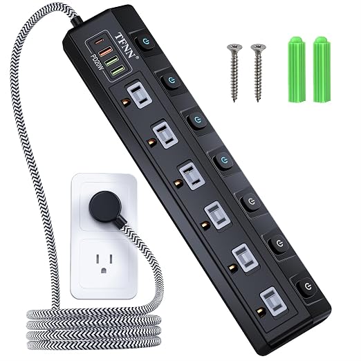 Power Strip with USB‑C & USB‑A Ports, 6 AC Outlets, Wall Mount