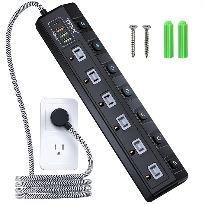 Power Strip with USB‑C & USB‑A Ports, 6 AC Outlets, Wall Mount