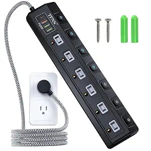 Power Strip with USB‑C & USB‑A Ports, 6 AC Outlets, Wall Mount