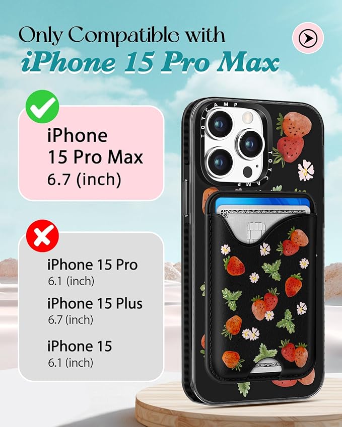 Toycamp for iPhone 15 Pro Max Case - Compatible with Magsafe Credit Card Holder Wallet Magnetic Girls Cute Girly Teens Kawaii Unique Strawberry Black Design Phone Cover for Apple 15 Promax 6.7"