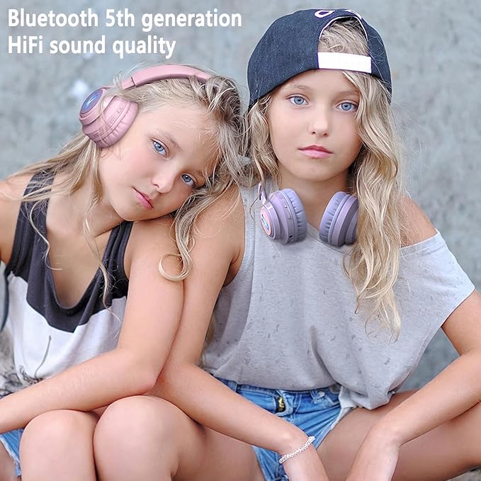 Kids Bluetooth Headphones,85db Volume Limit,Hearing Protection,Wireless Headphones with Mic,Music,Chat,Kids Mode,Normal Mode,Wireless and Wired,LED Light,for Children Adults,Pink