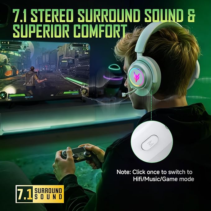 Wireless Gaming Headset for PS5 PS4 PC Switch Mac - 2.4GHz USB/Type-C & Bluetooth 5.4 RGB Headphones with 100H Battery, 7.1 Surround Sound, Noise Cancelling Mic & 3 Audio Modes (HiFi/Music/Game)