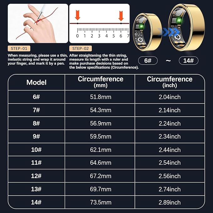 Ring Health Tracker for Women Men, Fitness Tracker with Heart Rate, Blood Oxygen, Sleep Monitor, Calories, Step Counter, IP68 Waterproof Smart Ring for iPhone & Android, No Subscription Fee (Gold, 9#)