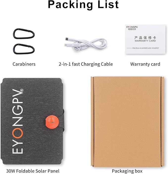 EYONGPV 30W Portable Foldable Solar Panel & Solar Charger with Croc-Eye USB-C PD Fast Charging Output, IP67 Waterproof Compact Solar Charger for Phones, Power Banks, Camping, Hiking, Backpacking