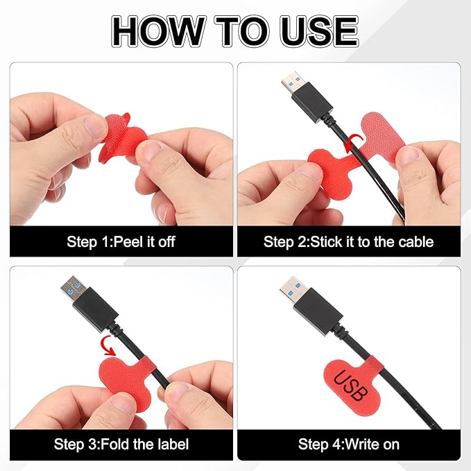 uxcell Cable Labels, 20Pcs Waterproof Cable Tag Writable Wire Labels Self-Adhesive Wire Tags Reusable Hook & Loop for Electronics Computer Cord Management Identification, Red
