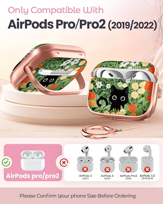 Coralogo for AirPods Pro2/Pro Case with Safety Lock - Cute Cartoon for AirPods Pro1/2 Generation for Women Girls Fashion Stylish Cat Flower Pattern Design Kawaii Girly Girlish Hard Protective Cover