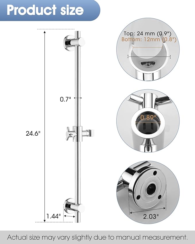 Shower Slide Bar with Adjustable Handheld Shower Head Holder, 25 Inch SUS304 Stainless Steel Shower Rail, Replacement for RV, Camper, Hotel & Bathroom, Polished Chrome