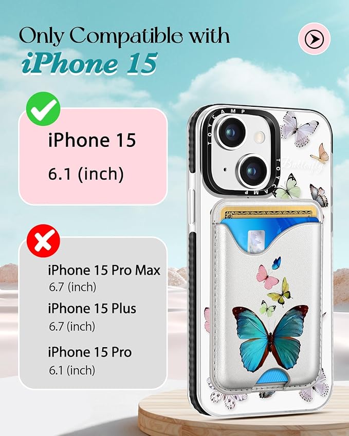 Toycamp for iPhone 15 Case - Compatible with Magsafe with Credit Card Holder Wallet Magnetic Cute Women Teen Girls Kawaii Girly Unique Butterfly Design Pretty Phone Cover for Apple 15 6.1"