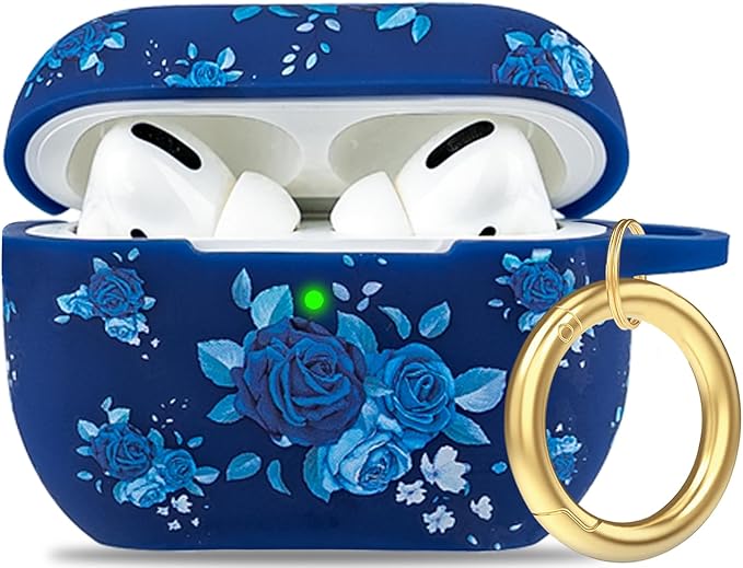 Flower Silicone Compatible with AirPods Pro 2 Case 2022/2023, Gawnock Soft Case Compatible with AirPods Pro 2nd Generation Print Women Girls with Keychain - Blue Flower