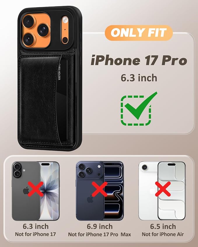 for iPhone 17 Pro Case with Wallet - Fits 4 Card Slots, Compatible with MagSafe for Women Men Durable PU Leather Credit Card Holder Kickstand Phone Cover for Apple 17 Pro, Black