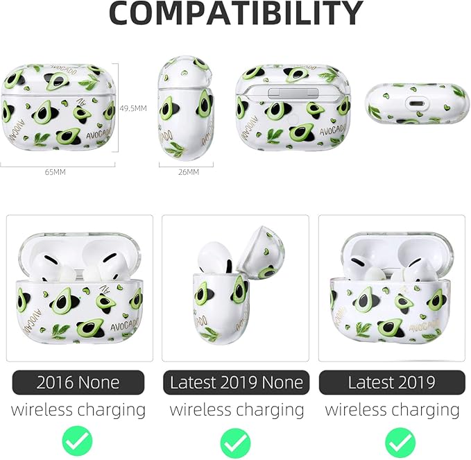Airpods Pro Case Cover for Women,Compatible with Apple Airpods Pro Case Clear with Designs Patterns Airpods Pro Hard Case PC Shockproof [Front LED Visible ] Anti-Fall Full Protector, Avocado