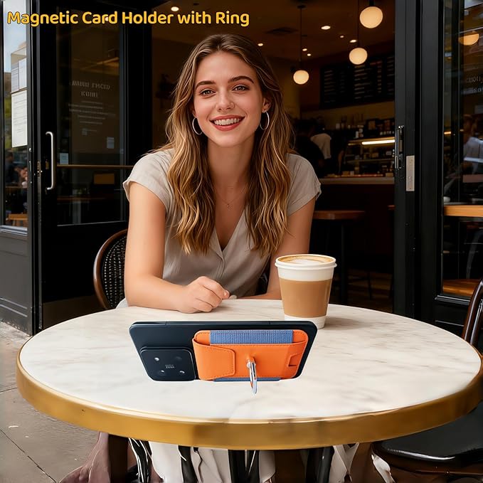 for Magsafe Wallet, Slim Magnetic Card Wallet with Grip, 7 Cards Holder RFID Blocking, Ring Stand Stick on Wallet with Privacy Flap(Orange)