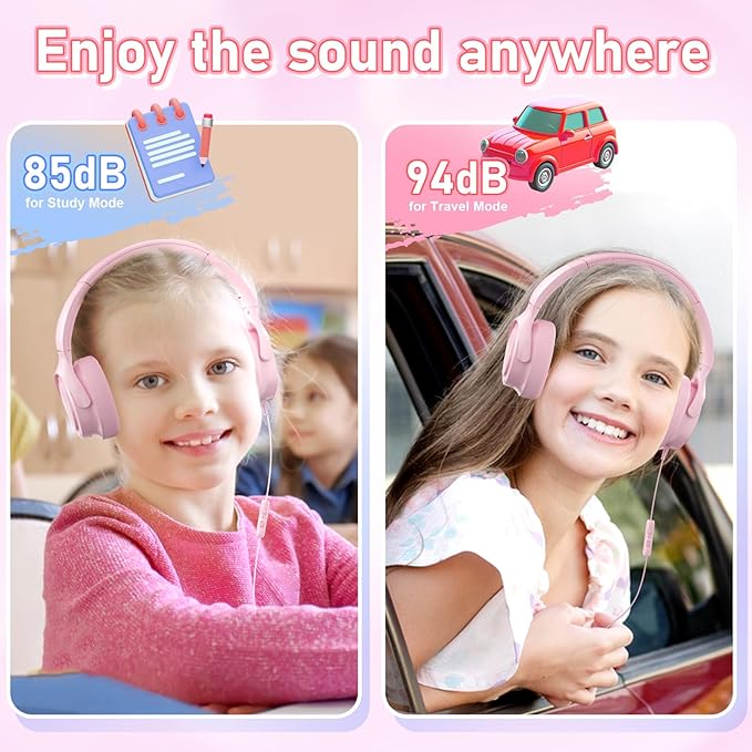 Kids Headphones with Cord-3.5mm Jack 85/94dB Safe Volume Control Built-in Microphone On-Ear Headphones for Kids/Teens/Girls/School/Travel/3.5mm Devices(Pink)
