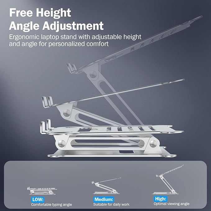 Aluminum Adjustable Laptop Stand, No Wobble Laptop Riser, Foldable Computer Notebook Stand Holder for 10-17" Laptops, Lightweight & Sturdy, Silver/B