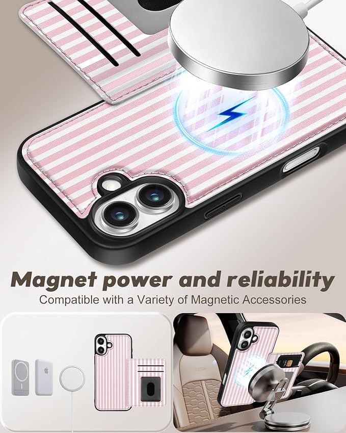 for iPhone 17 Case with Wallet - Fits 4 Card Slots, Compatible with MagSafe for Women Aesthetic Durable PU Leather Credit Card Holder Kickstand Phone Cover for Apple 17, Stripes