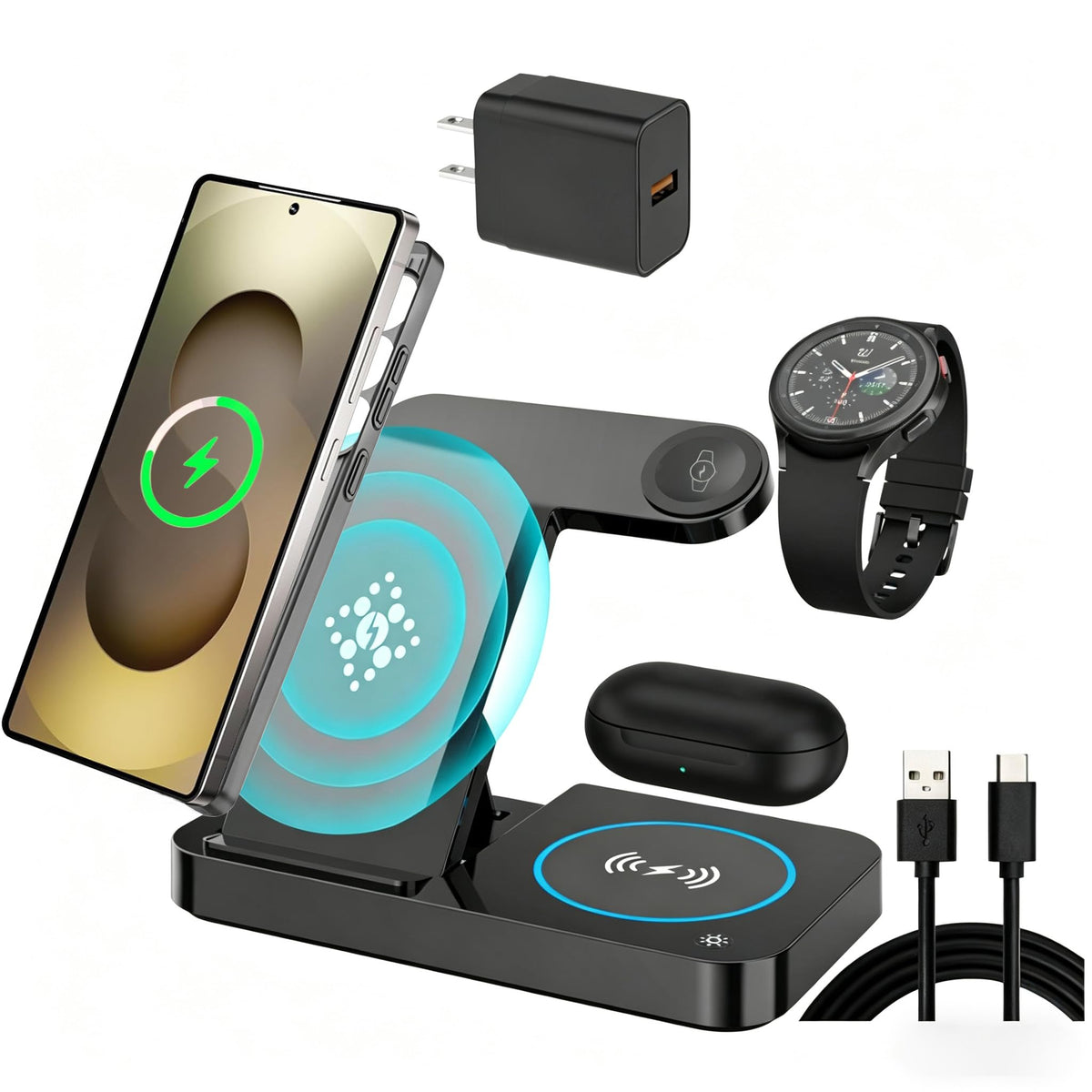 3 in 1 Charging Station for Samsung Android: Wireless Phone and Watch Charger for Galaxy S25 Ultra/S24/S23/Z Fold, Wireless Charger Stand for Galaxy Watch 8/7/6/5 Earbuds 4/3/2/Pro,Not for Watch 9