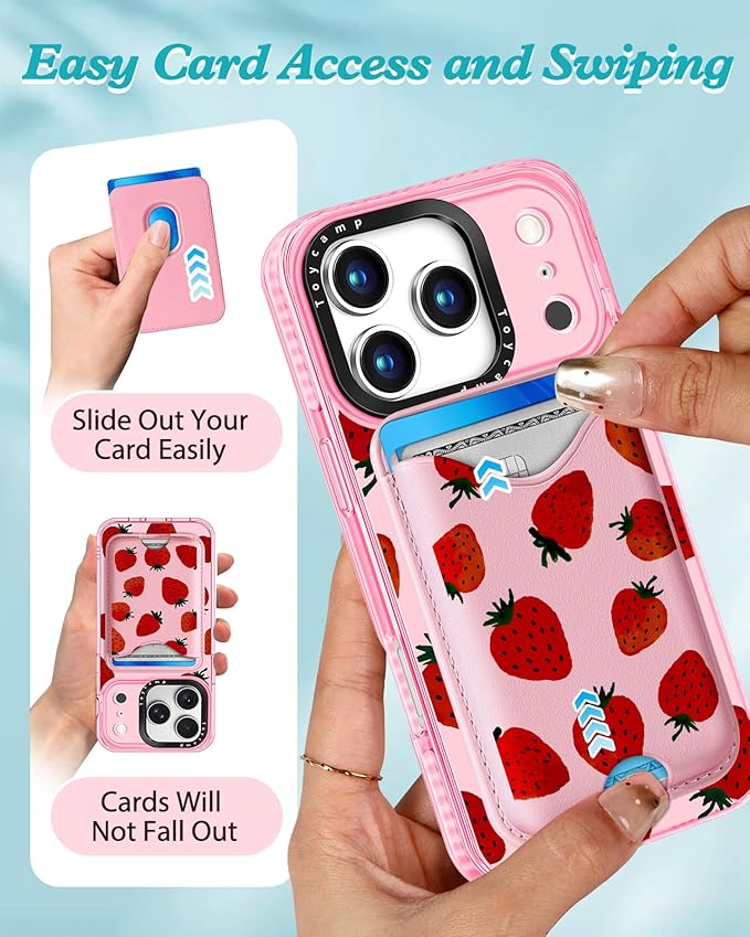 Toycamp for iPhone 17 Pro Max Case - Compatible with Magsafe Credit Card Holder Wallet Magnetic Cute Women Teen Girls Kawaii Girly Unique Strawberry Design Phone Cover for Apple 17 Promax