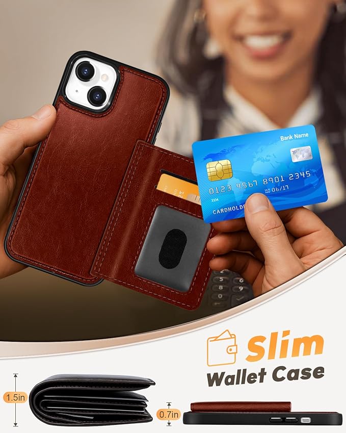 for iPhone 14 Plus Case with Wallet - Fits 4 Card Slots, Compatible with MagSafe for Women Men Durable PU Leather Credit Card Holder Kickstand Phone Cover for Apple 14 Plus, Brown