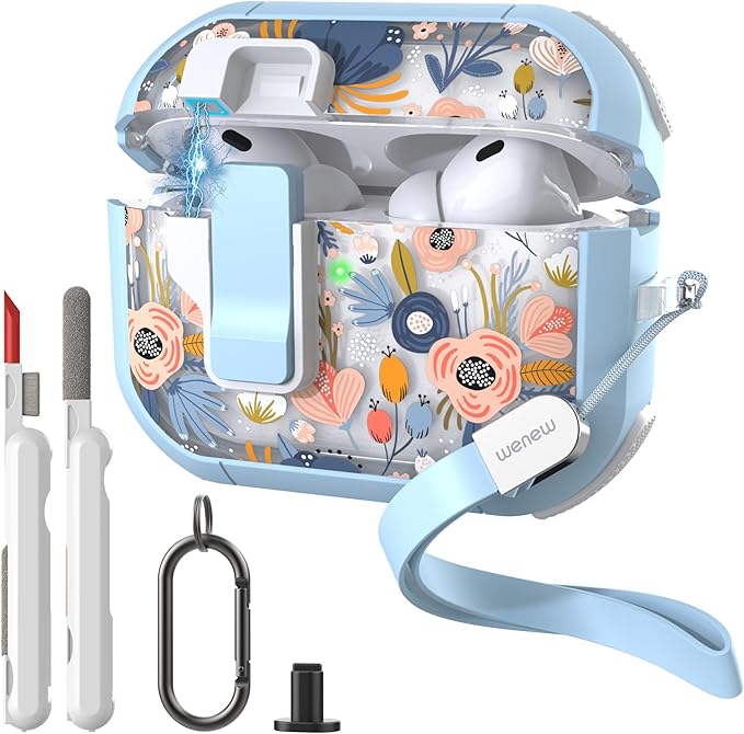 WENEW for AirPods Pro 3 Case (2025) Cover Secure Lock Automatic Snap Switch Clip Cleaner Kit Lanyard Women Stylish Flower Hard Shell Full Body Front LED Visible (Blue, AirPods Pro 3)