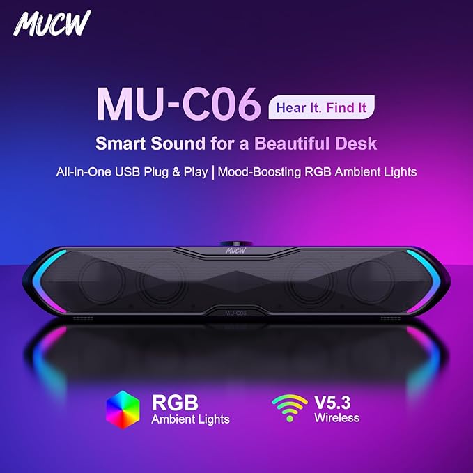 Gaming Soundbar for PC, Bluetooth 5.3 Computer Speaker with RGB Lights and Volume Knob, USB Wired & Wireless Desktop Sound Bar for Laptop