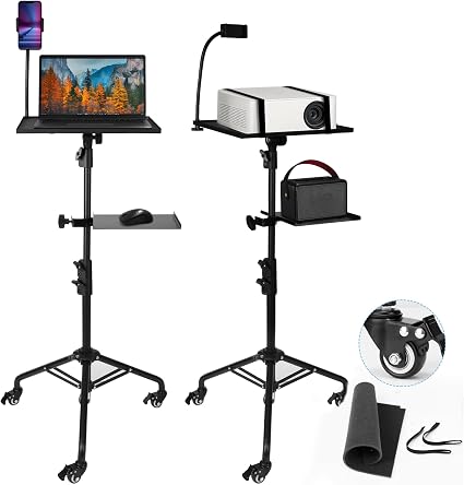 Projector Stand Tripod - 28.7 -54.3 Inch Adjustable Laptop Tripod Stand with Wheels - Dual Tray Portable Laptop Stand with Phone Holder for Office, Home, Stage, DJ Equipment & Outdoor Movies