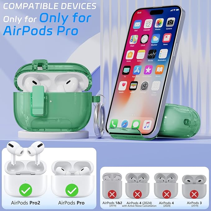 for AirPods Pro 2 Case with Phone Stand & Secure Lock, Auto-Open Clear Cover Compatible with Apple AirPods Pro 2nd/1st Gen (2023,2022,2019) with Cleaning Kit & Keychain (Clear Green)