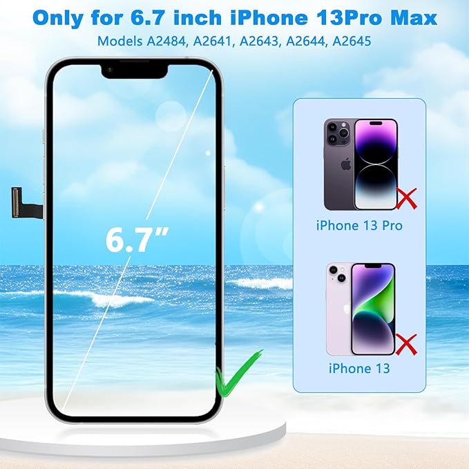 for iPhone 13 Pro Max Screen Replacement 6.7 Inch, 3D Touch LCD Screen Digitizer for A2484, A2641, A2644, A2645, A2643 with Repair Tools Kit+Screen Protector+Waterproof Frame Adhesive
