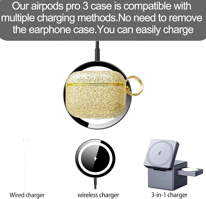for Glitter AirPods Pro 3 Case 2025| Cute Bling Hard Air Pods Pro 3 Case (Model A2700/A2931) | with Keychain | Sparkly Rhinestone iPods Pro 3 Cases for Women Girl(Gold)
