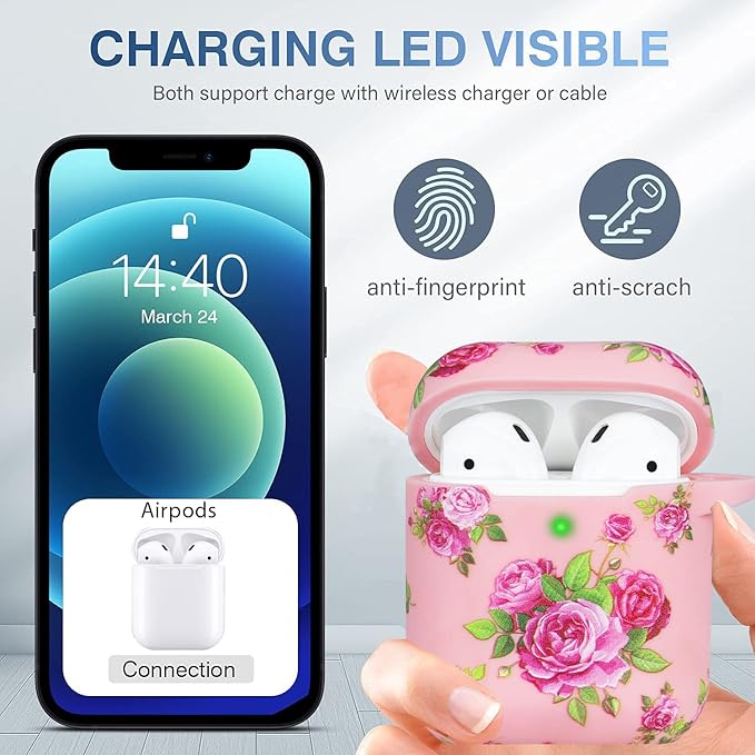 Flower Silicone Compatible with Airpods Case, Gawnock Soft Case Cover Flexible for Compatible with Airpods 2nd/1st Generation Floral Print Cover for Women Girls with Keychain - Pink Flower