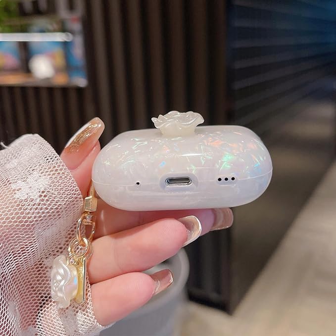 Cute Case for Airpod Pro 2 with Keychain Elegant Flower Luxury Glitter Pearl Marble Protective Cover Compatible with AirPods Pro 2019 2022 2023 Case for Girls Women (White Rose)