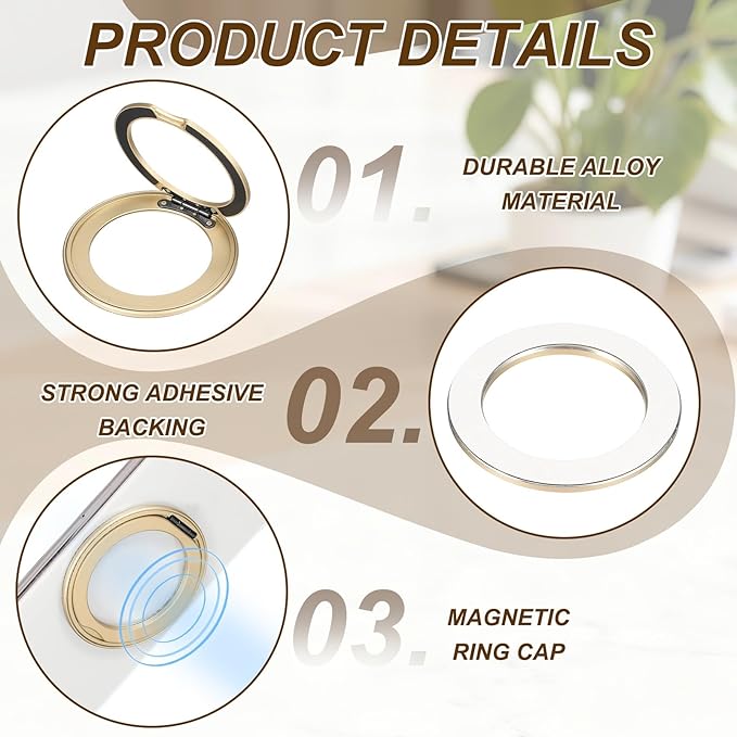 PATIKIL Phone Ring Holder, Metal 360 Rotation Magnetic Phone Grip Holder Stand with Adhesive Backing Smartphone Finger Grip Kickstand for Tablet Case Car Mount Accessory, Light Gold